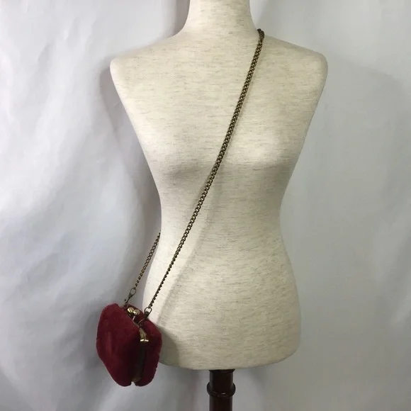 FAUX Fur Purse Cross Body Brass Chain Metal Box Frame Burgundy Red - Picture 3 of 11